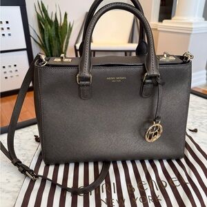 Henri Bendel Charcoal Leather Handle Bag with Gold Accents